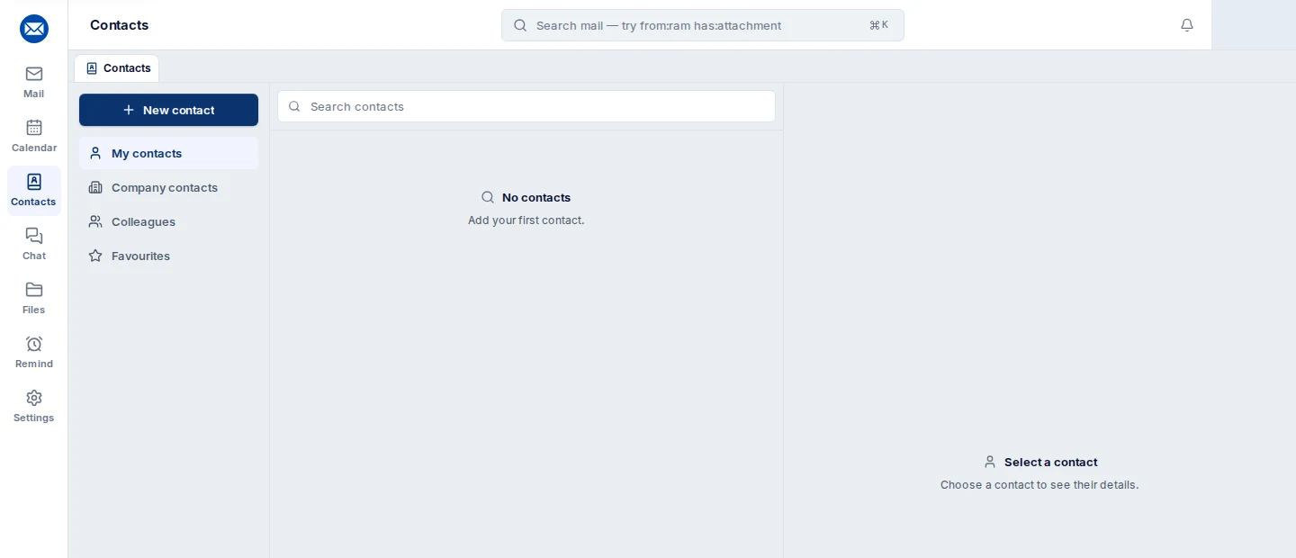 Actual Oneemail contacts view with personal contacts, company contacts, colleagues, favourites, and search. The address book is empty.