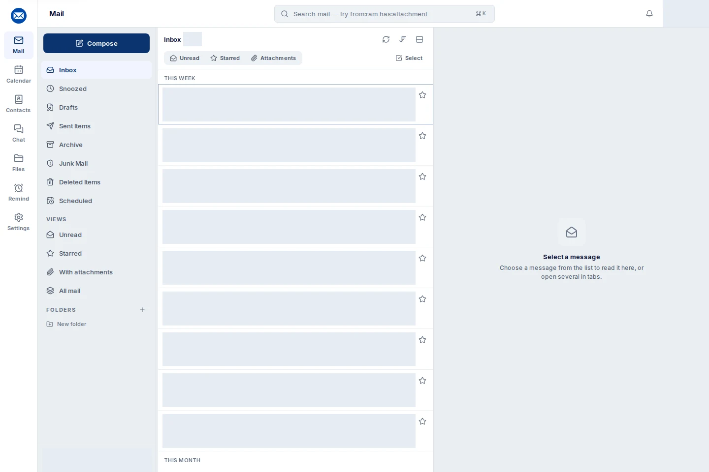 Actual Oneemail inbox with app navigation, folders, message filters, and a reading pane. Customer messages and account details are hidden.