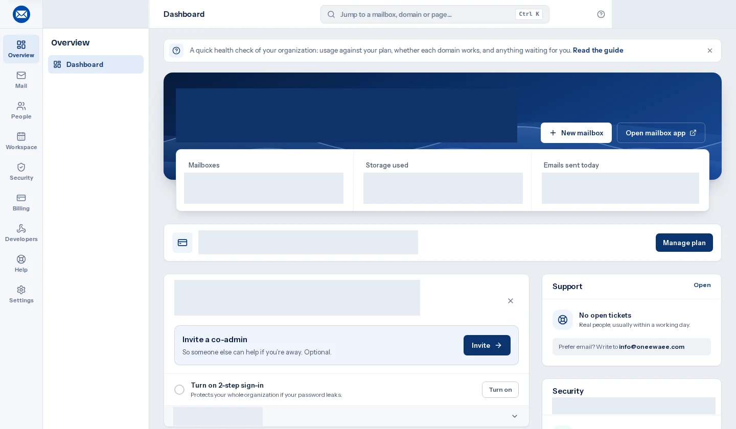 Actual Oneemail organization overview with usage cards and setup actions. Organization identity and account figures are hidden.