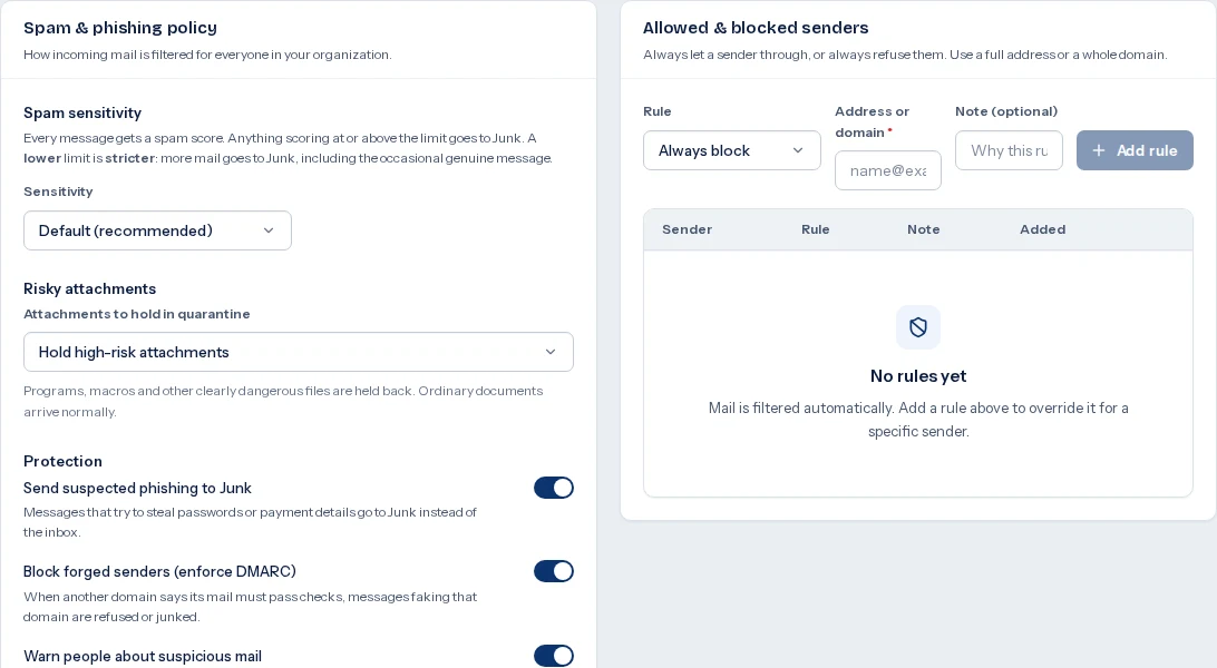 Actual Oneemail organization spam, phishing, risky attachment, and sender policy controls. Customer account information is hidden.
